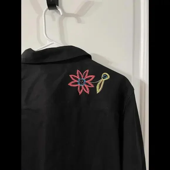 White Stag Embroidered‎ Jacket Black Denim Long Sleeve Button Large Floral Retro - Picture 7 of 9